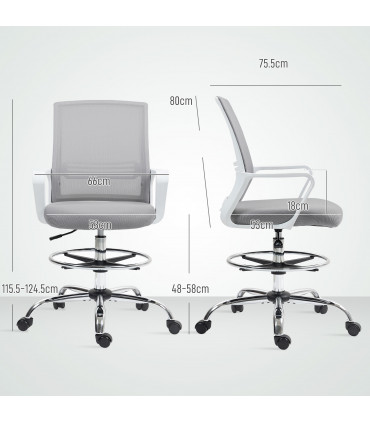 HOMCOM Draughtsman Chair, Mesh Ergonomic Drafting Chair, Grey