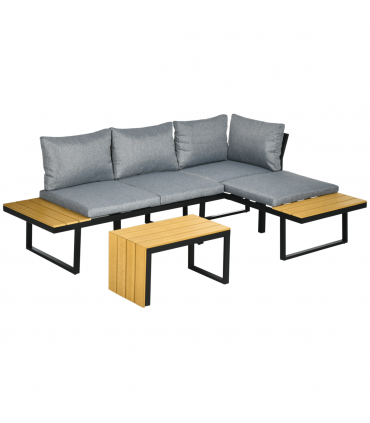 Outsunny 3PCs Patio Furniture Set w/ Cushions, Wood Grain Plastic Top Table