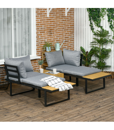 Outsunny 3PCs Patio Furniture Set w/ Cushions, Wood Grain Plastic Top Table