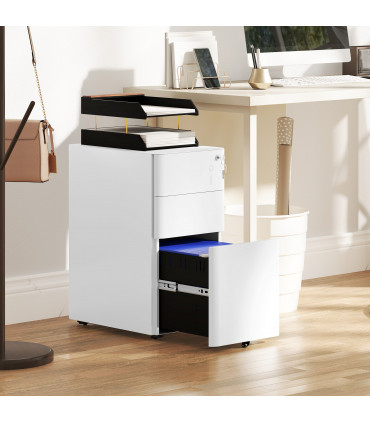 Vinsetto Steel Filing Cabinet with Lock and Wheels for Home Office, White