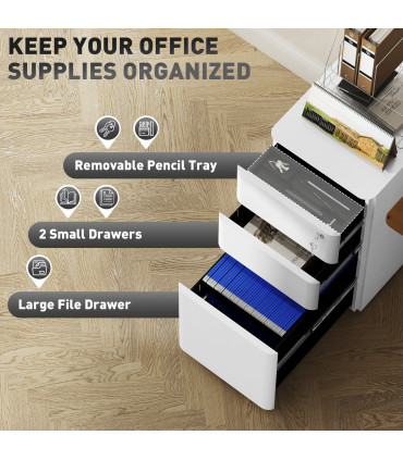 Vinsetto Steel Filing Cabinet with Lock and Wheels for Home Office, White