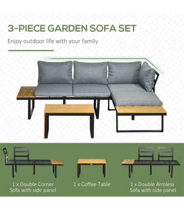 Outsunny 3PCs Patio Furniture Set w/ Cushions, Wood Grain Plastic Top Table
