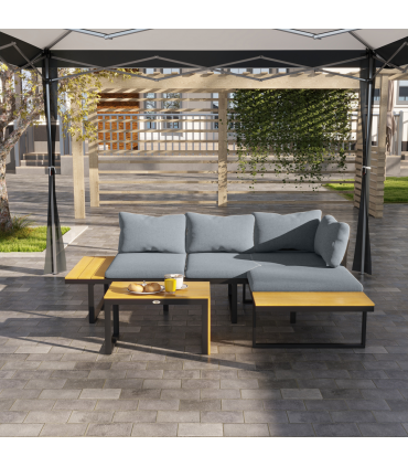 Outsunny 3PCs Patio Furniture Set w/ Cushions, Wood Grain Plastic Top Table