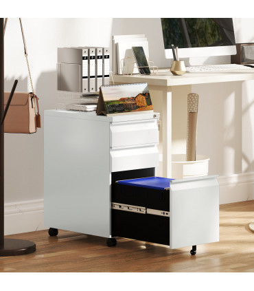 Vinsetto Steel File Cabinet with Lock and Wheels for Home Office, White