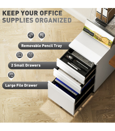 Vinsetto Steel File Cabinet with Lock and Wheels for Home Office, White