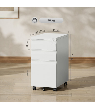 Vinsetto Steel File Cabinet with Lock and Wheels for Home Office, White