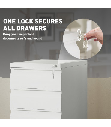 Vinsetto Steel File Cabinet with Lock and Wheels for Home Office, White