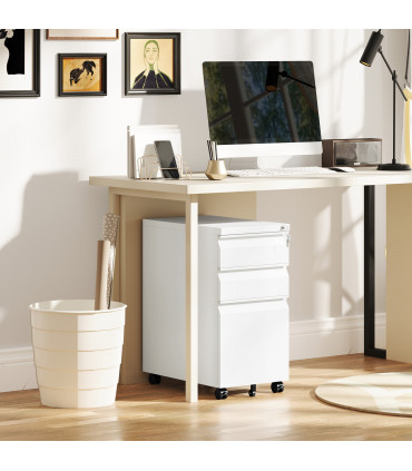 Vinsetto Steel File Cabinet with Lock and Wheels for Home Office, White