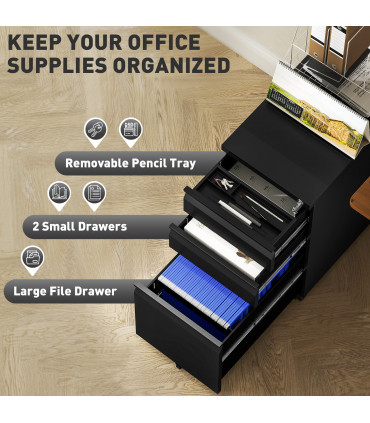 Vinsetto Steel File Cabinet with Lock and Wheels for Home Office, Black