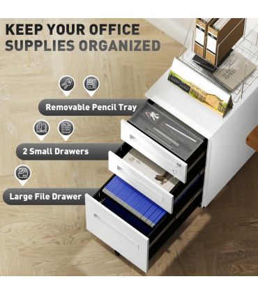 Vinsetto Lockable Mobile Filing Cabinet w/ 3 Drawers 30 x 43.5 x 60 cm White