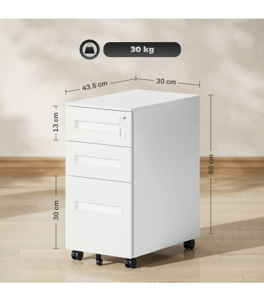 Vinsetto Lockable Mobile Filing Cabinet w/ 3 Drawers 30 x 43.5 x 60 cm White