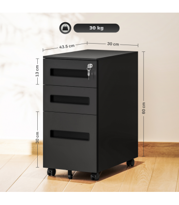 Vinsetto Lockable Mobile Filing Cabinet w/ 3 Drawers 30 x 43.5 x 60 cm Black