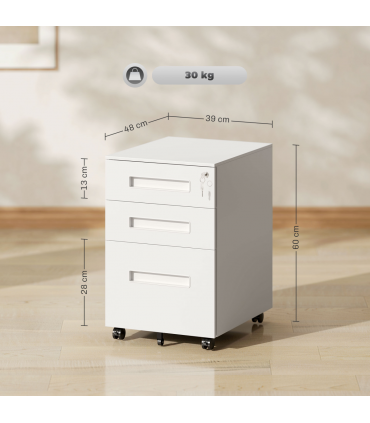 Vinsetto Lockable Mobile Filing Cabinet w/ 3 Drawers 39 x 48 x 60 cm White