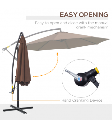 Outsunny 3m Garden Banana Parasol Cantilever Umbrella withCrank& Base, Brown