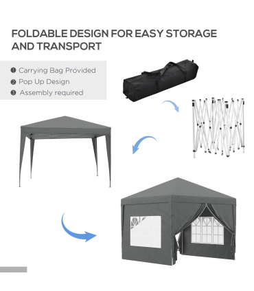 Outsunny 3mx3m Pop Up Gazebo Party Tent Canopy Marquee with Storage Bag Grey