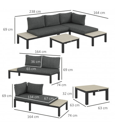 Outsunny 3pcs Garden Sectional Sofa Side Table Furniture Set w/ Cushion