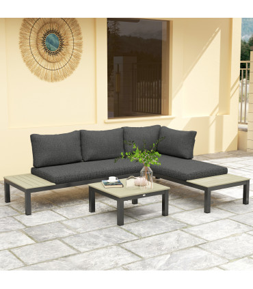 Outsunny 3pcs Garden Sectional Sofa Side Table Furniture Set w/ Cushion