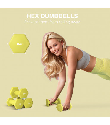 SPORTNOW Set of 2 Hexagonal Dumbbells Weights Pair, 2 x 1kg, Yellow
