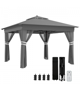 Outsunny 3x3(m) Pop Up Gazebo w/ Solar-Powered LED Lights Curtain Netting Grey