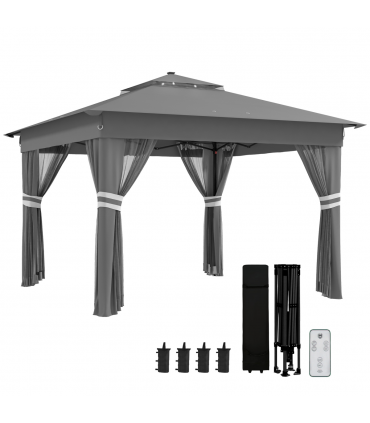 Outsunny 3x3(m) Pop Up Gazebo w/ Solar-Powered LED Lights Curtain Netting Grey