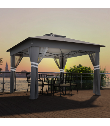Outsunny 3x3(m) Pop Up Gazebo w/ Solar-Powered LED Lights Curtain Netting Grey