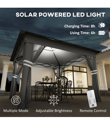 Outsunny 3x3(m) Pop Up Gazebo w/ Solar-Powered LED Lights Curtain Netting Grey