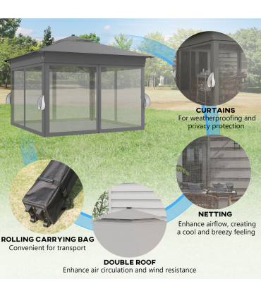 Outsunny 3x3(m) Pop Up Gazebo w/ Solar-Powered LED Lights Curtain Netting Grey