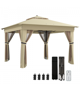Outsunny 3x3(m) Pop Up Gazebo w/ Solar-Powered LED Lights Curtain Netting Khaki