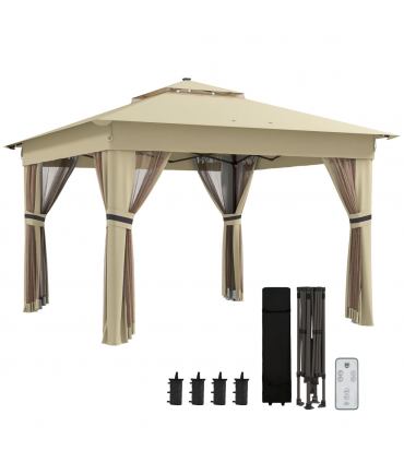 Outsunny 3x3(m) Pop Up Gazebo w/ Solar-Powered LED Lights Curtain Netting Khaki