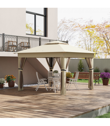 Outsunny 3x3(m) Pop Up Gazebo w/ Solar-Powered LED Lights Curtain Netting Khaki