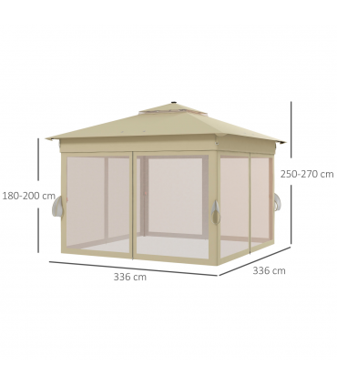 Outsunny 3x3(m) Pop Up Gazebo w/ Solar-Powered LED Lights Curtain Netting Khaki