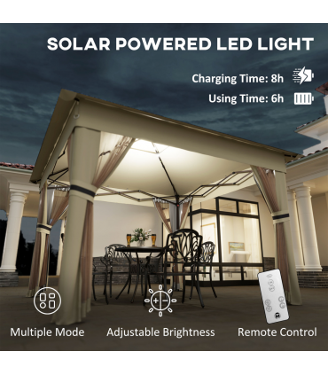 Outsunny 3x3(m) Pop Up Gazebo w/ Solar-Powered LED Lights Curtain Netting Khaki