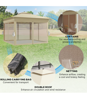 Outsunny 3x3(m) Pop Up Gazebo w/ Solar-Powered LED Lights Curtain Netting Khaki