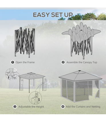 Outsunny 3x3(m) Pop Up Gazebo w/ Solar-Powered LED Lights Curtain Netting Khaki