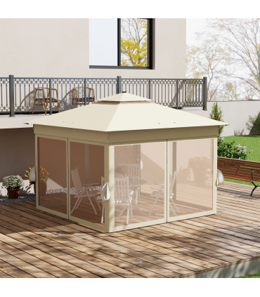 Outsunny 3x3(m) Pop Up Gazebo w/ Solar-Powered LED Lights Curtain Netting Khaki