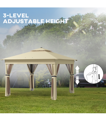 Outsunny 3x3(m) Pop Up Gazebo w/ Solar-Powered LED Lights Curtain Netting Khaki