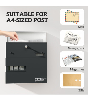 HOMCOM Wall Mounted Post Box, Weatherproof Letterbox with Lock, Grey