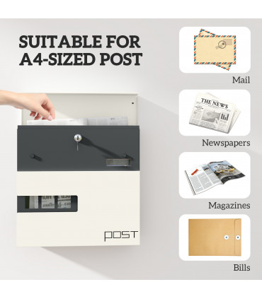 HOMCOM Wall Mounted Post Box, Weatherproof Letterbox with Lock, White