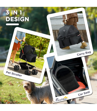 PawHut 3 in 1 Pet Stroller with Detachable Carrier for Mini Dogs, Black