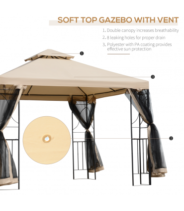 Outsunny 3x3m Outdoor Gazebo Tent W/Netting, 2-tier Roof