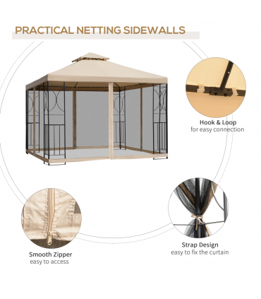 Outsunny 3x3m Outdoor Gazebo Tent W/Netting, 2-tier Roof