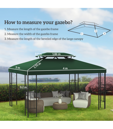 Outsunny 3x4m Gazebo Replacement Roof Canopy 2 Tier Top UV Cover Green