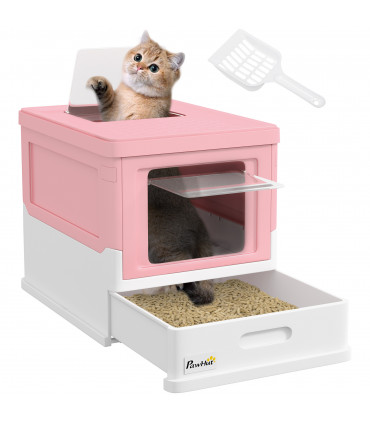 PawHut Hooded Cat Litter Box, Pet Toilet w/ Scoop, Tray - Pink