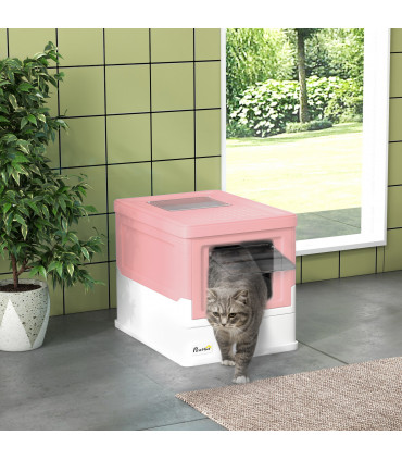 PawHut Hooded Cat Litter Box, Pet Toilet w/ Scoop, Tray - Pink