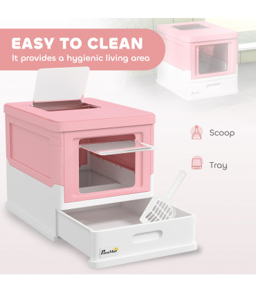 PawHut Hooded Cat Litter Box, Pet Toilet w/ Scoop, Tray - Pink