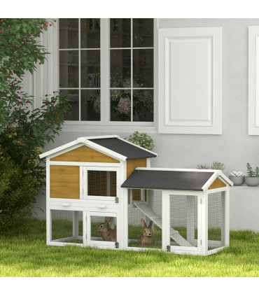 Pawhut 2-Tier Wooden Rabbit Bunny Guinea Pig Hutch Small Pet House Ramp