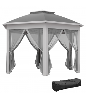 Outsunny 3x4m Hexagon Gazebo w/ Mesh Curtains Outdoor Garden, Dark Grey