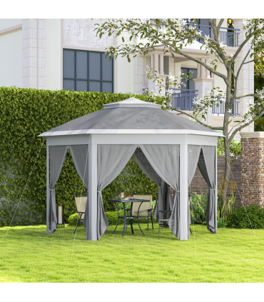 Outsunny 3x4m Hexagon Gazebo w/ Mesh Curtains Outdoor Garden, Dark Grey