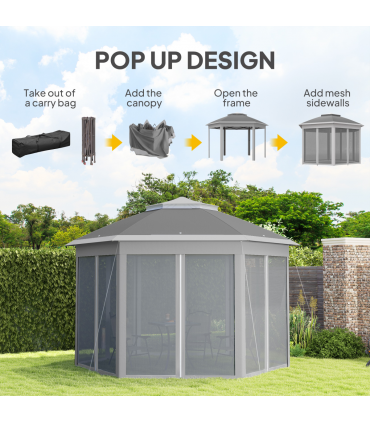 Outsunny 3x4m Hexagon Gazebo w/ Mesh Curtains Outdoor Garden, Dark Grey