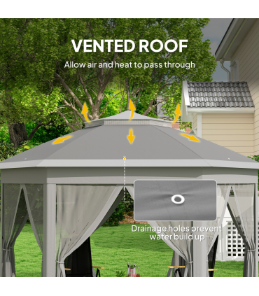 Outsunny 3x4m Hexagon Gazebo w/ Mesh Curtains Outdoor Garden, Dark Grey